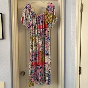 Seven Islands 2X Patchwork Floral Dress Boho Peasant Elastic Waist Short Sleeve